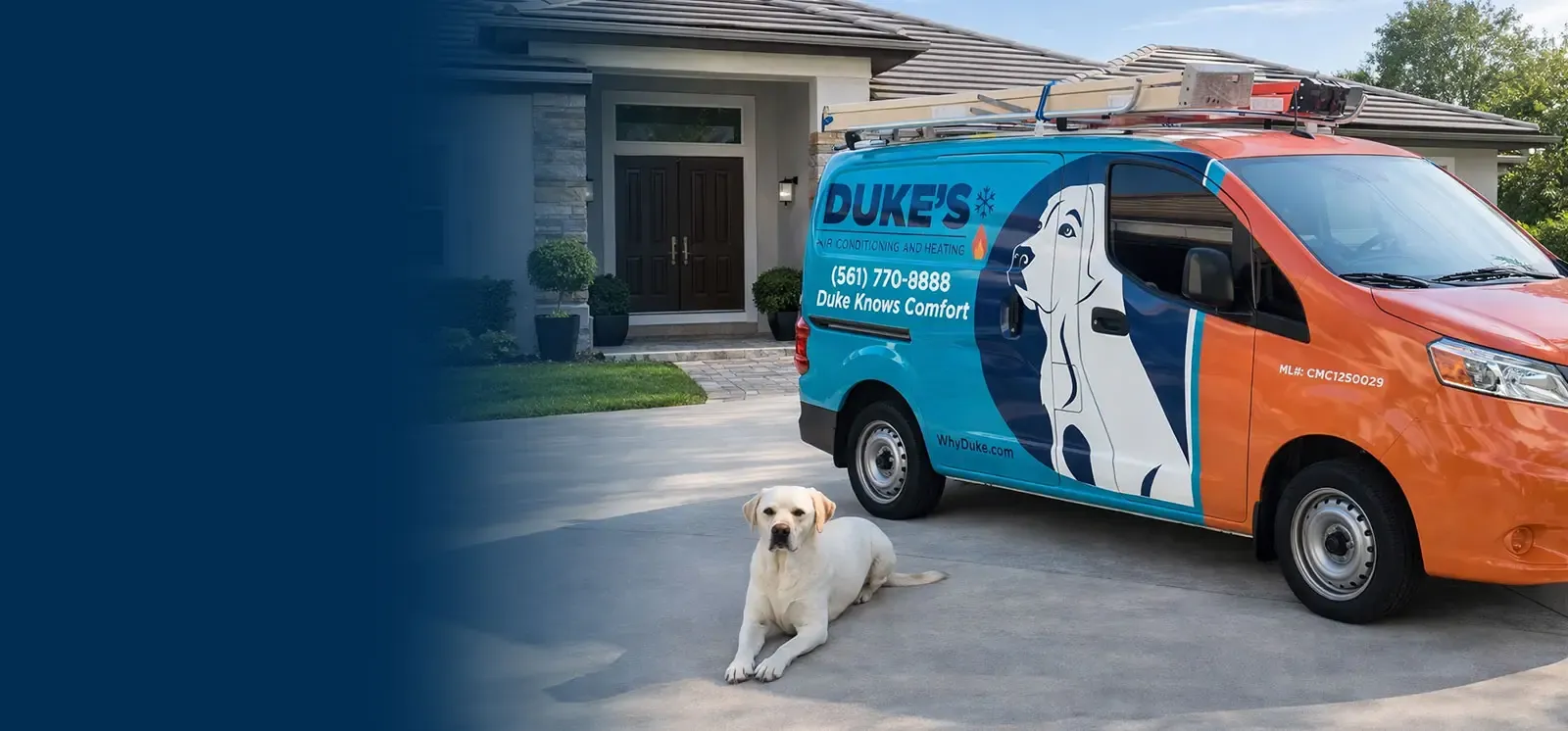 Duke's Air Conditioning and Heating service van parked in the driveway of a Jupiter, Florida home with Duke the Labrador
